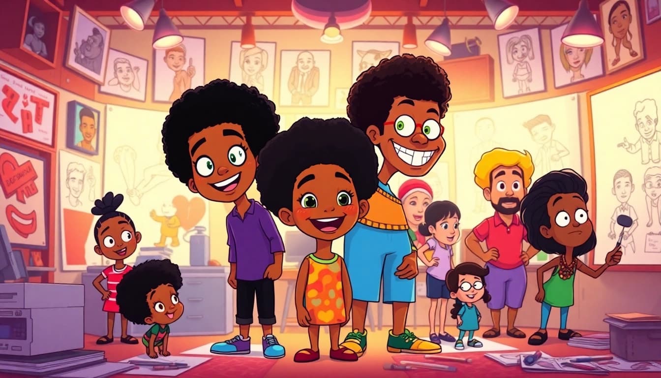 A creative scene featuring iconic African American Cartoons character designs and animation sketches in a vibrant studio.