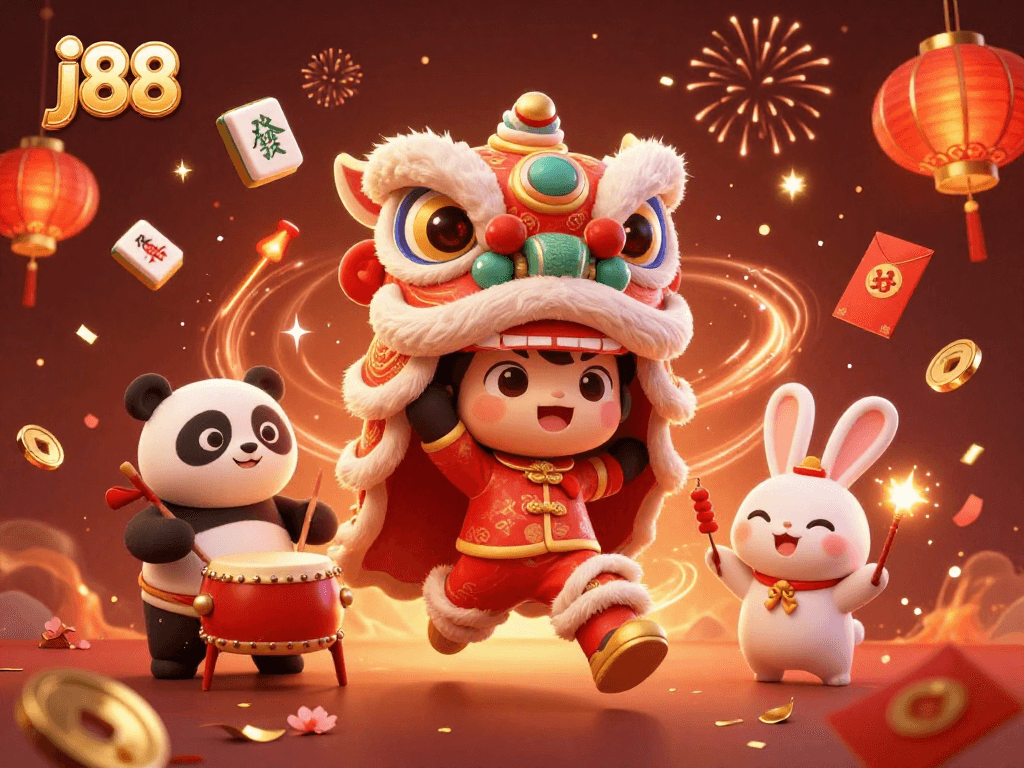 Immerse yourself in the thrilling j88 casino experience with vibrant characters and festive elements.