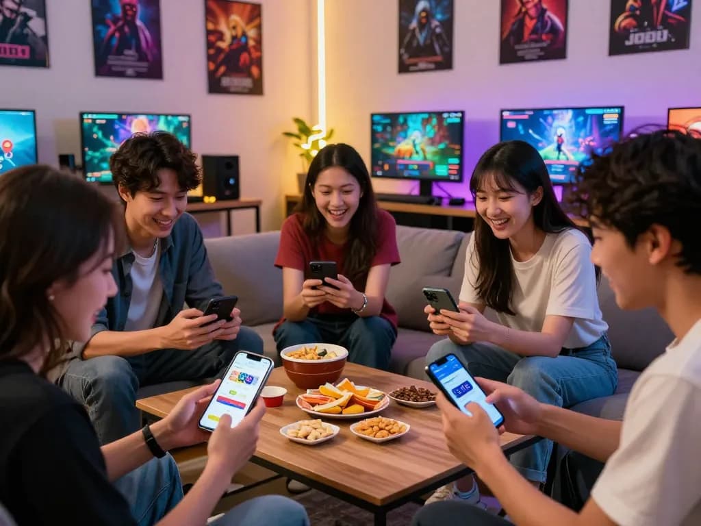 Group enjoying tải go88 game on smartphones in a lively gaming environment.