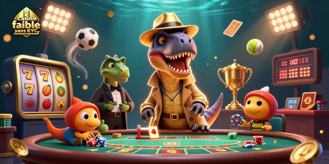 Casino fiable sans KYC : un velociraptor joue au blackjack avec des éléments de machine à sous autour