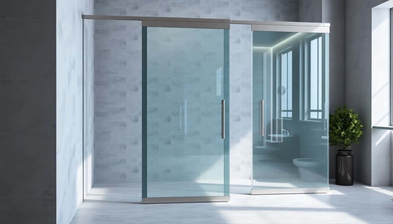 Showcasing sliding shower doors in a modern bathroom with minimalist design.