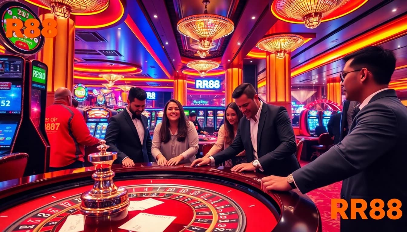 Players enjoying a thrilling game at RR88’s luxurious casino, highlighting excitement and engagement.