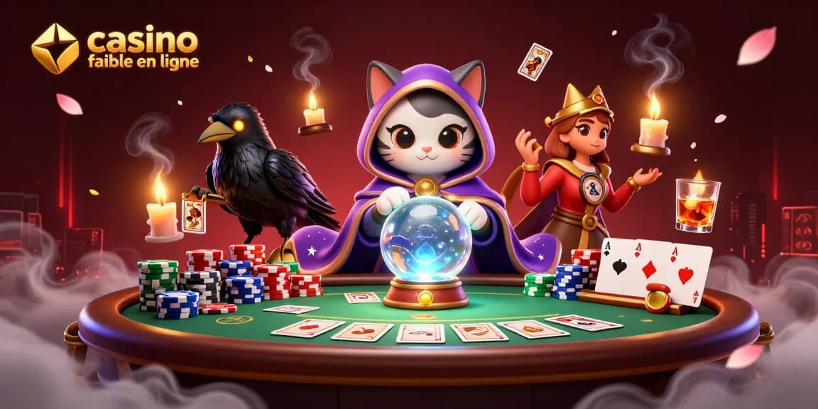 Illustration dynamique d'un casino fiable en ligne avec un chat mystique et un corbeau, entourés de jetons de poker et de cartes.