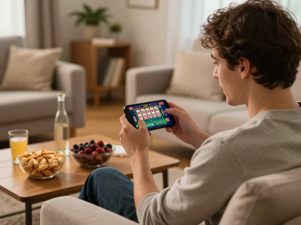 Playing LINK CM88 on a smartphone in a cozy home setting while enjoying snacks and drinks.