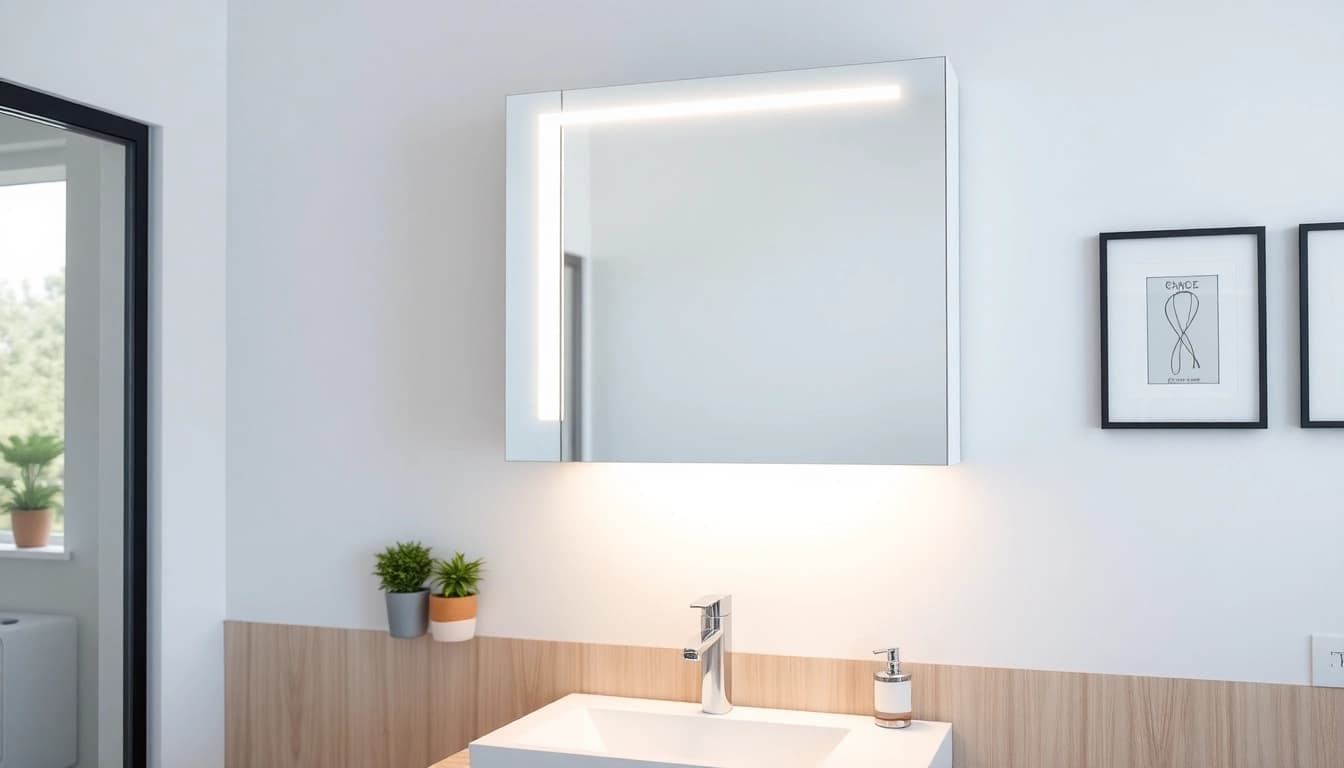 Spiegelschrank mit LED Beleuchtung in modernem Badezimmer mit eleganter Einrichtung