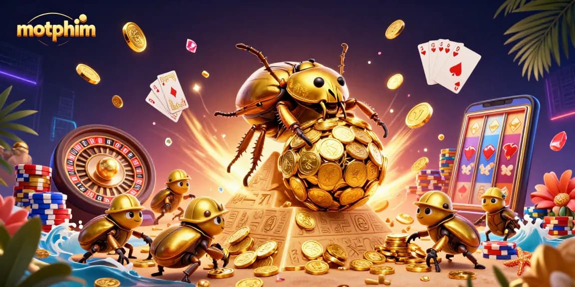Experience motphim's thrilling gambling scene with a golden dung beetle rolling coins in this vibrant illustration.