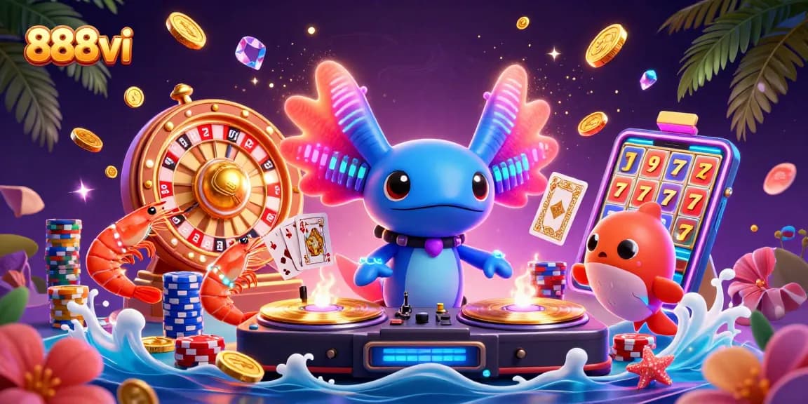 Experience thrilling moments at 888vi with vibrant casino adventures of an axolotl DJ and lively sea creatures.