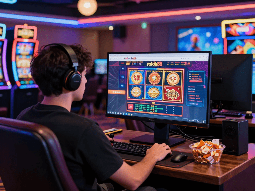 Engaging gamer experiencing rokok88 online casino with vibrant graphics and snacks.