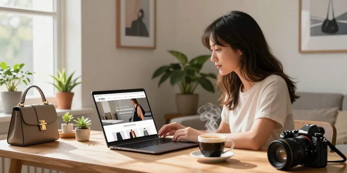Young woman engaging in online shopping at shs-dome5.com in a cozy urban setting.