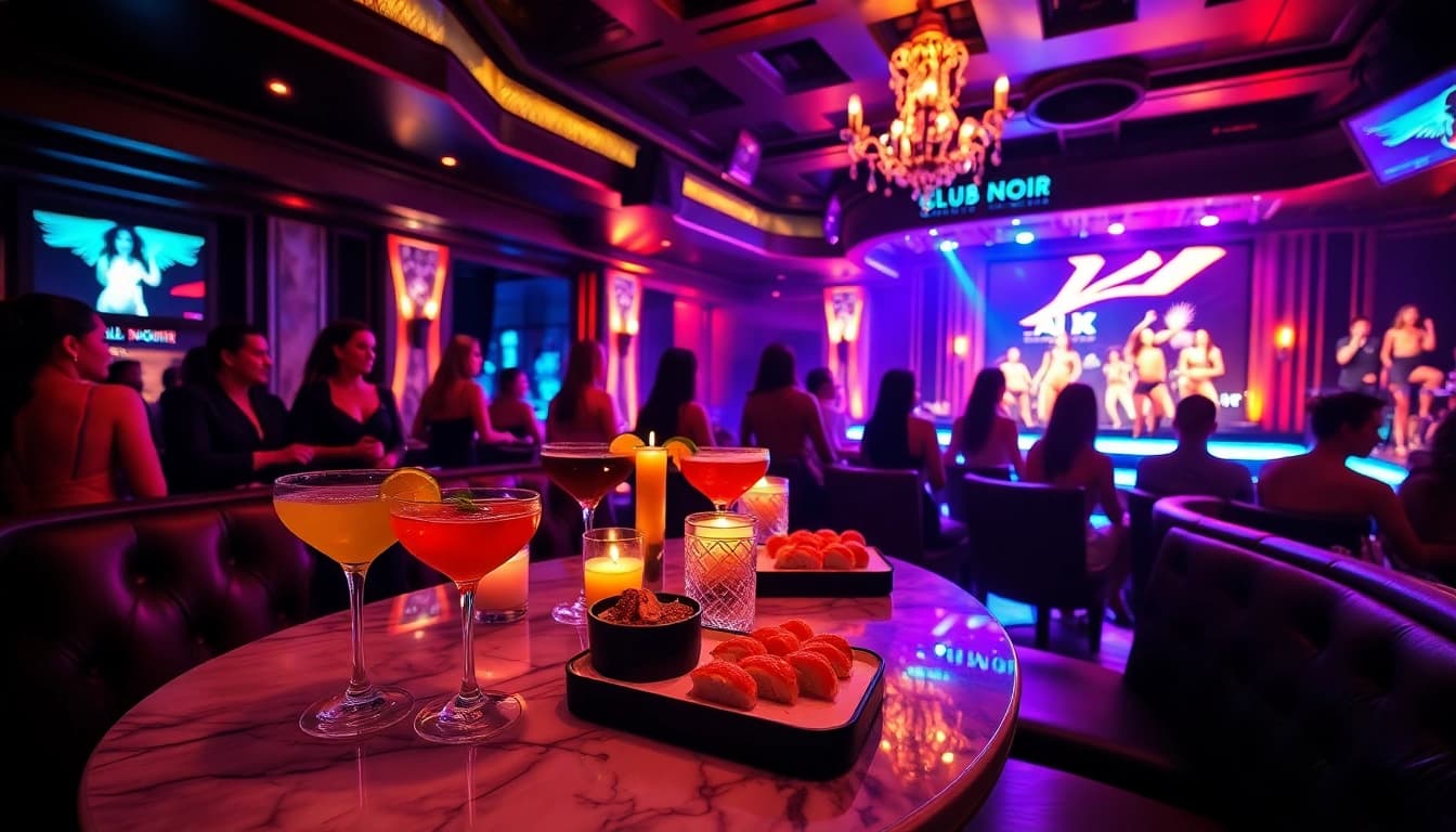 Dinner sxm experience at Club Noir with signature cocktails, body sushi, and lively performers in vibrant ambiance.