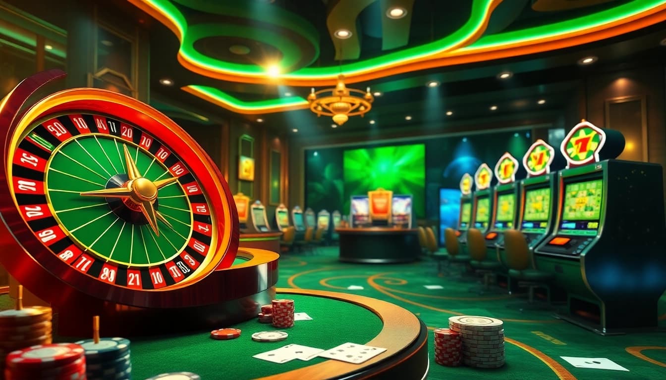 Engaging online betting scene showcasing llink alternatif sbobet with poker chips and roulette wheel.