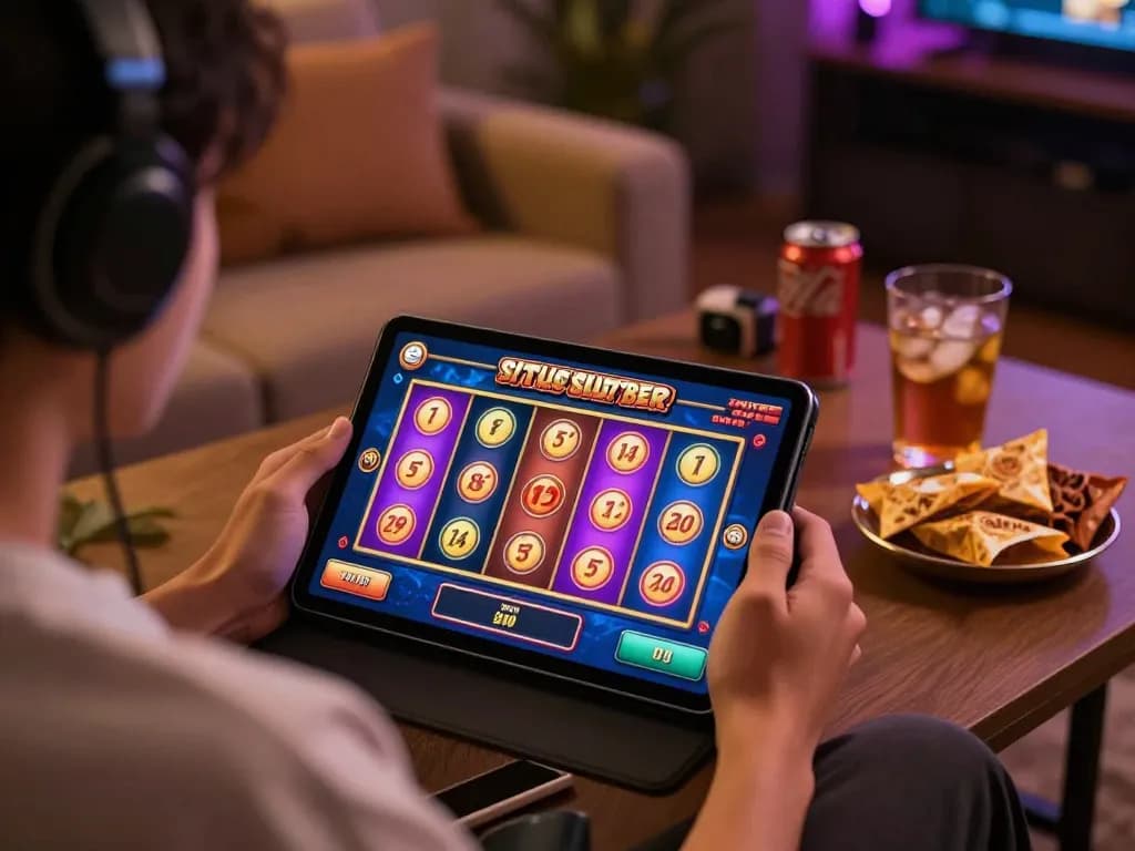 Engaged player enjoying situs slot bet 200 on a tablet, showcasing vibrant slot graphics and warm ambiance.