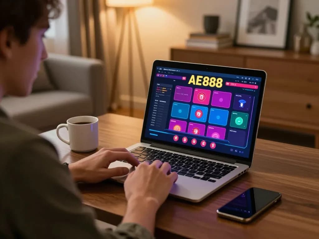 Engaging in online blackjack gameplay with LINK AE888 displayed on the laptop screen in a cozy home setting