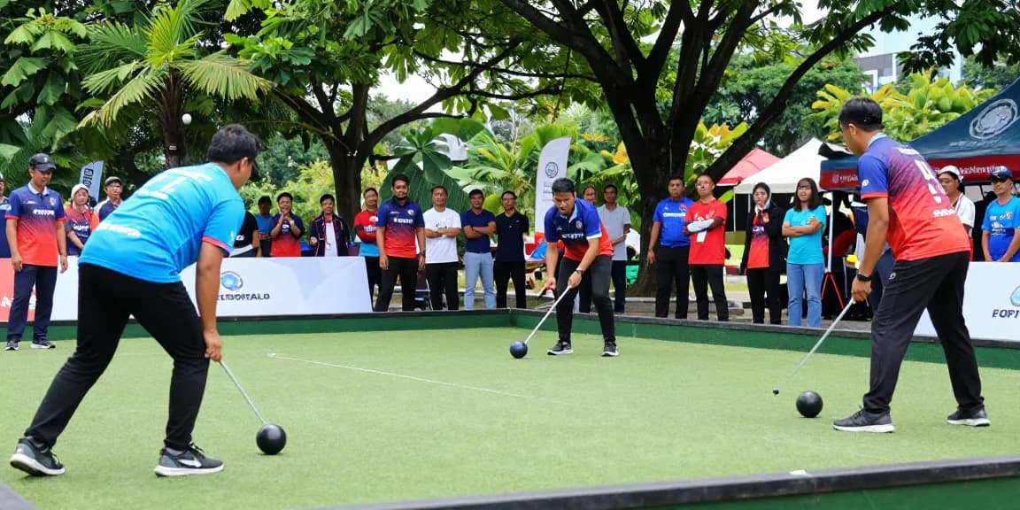 Peserta pertandingan petanque dari fopikotagorontal.org di taman, menunjukkan teknik melempar boules.