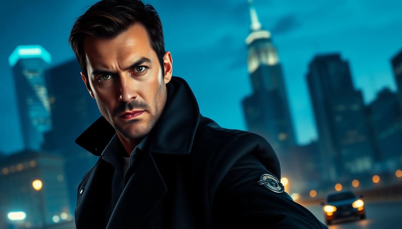 Hero standing in an urban setting, embodying action and suspense like Reacher