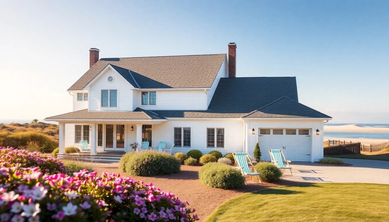 Cape Cod home showcasing an elegant expansion and attached garage in a serene coastal setting.