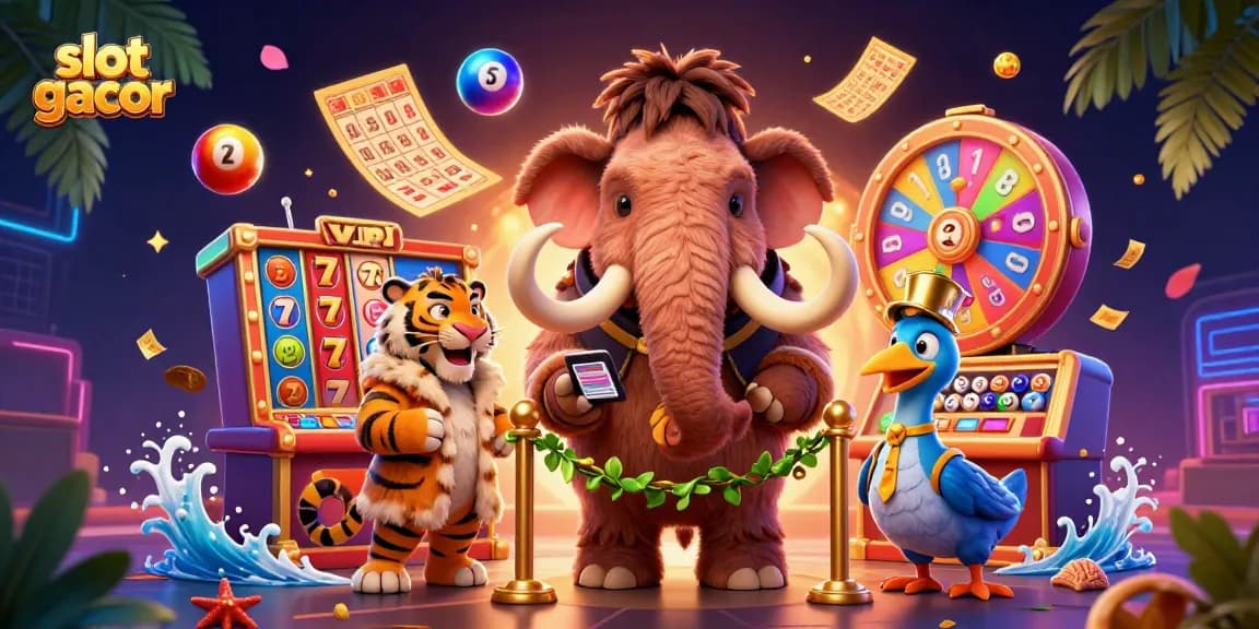 Engage with slot gacor visuals showcasing vibrant bouncer, VIP guest, and doorman in dynamic casino scene.