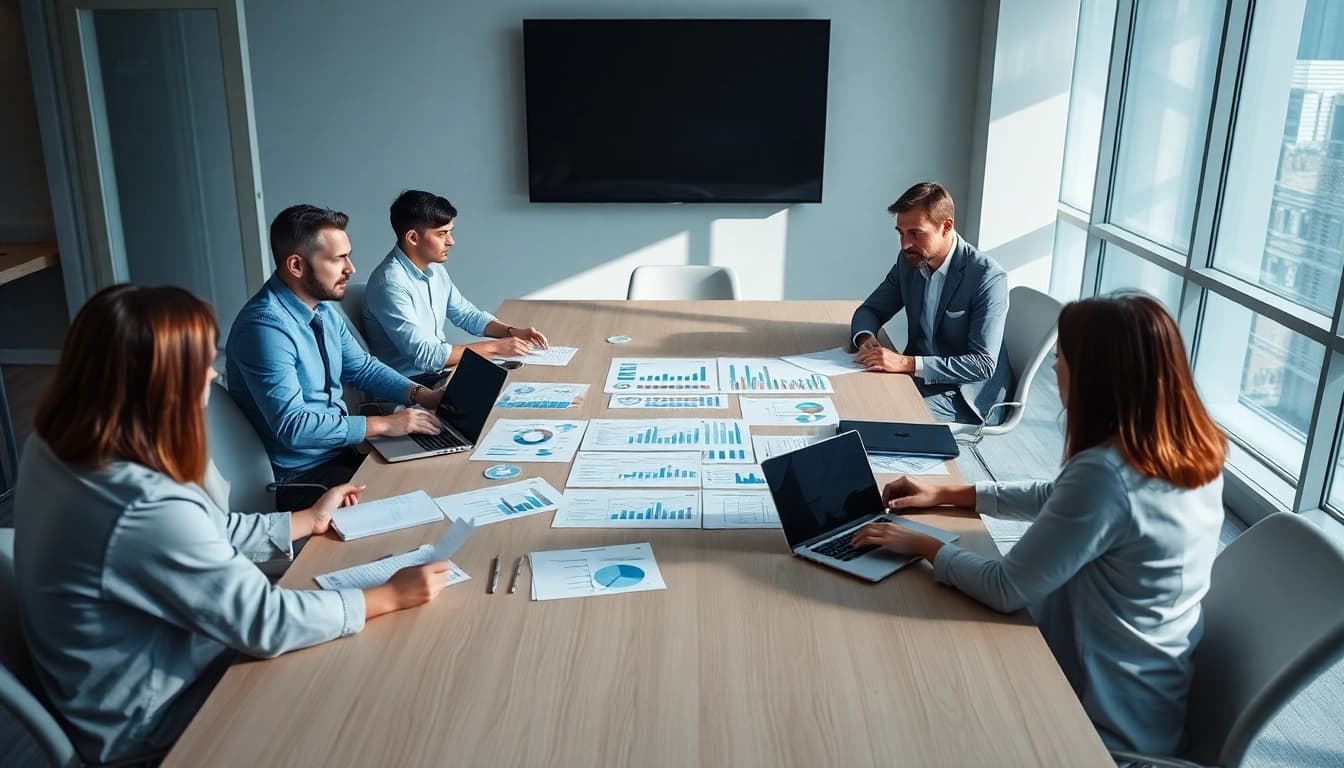 Analyze competitor pricing strategies with professionals engaged in discussion over documents.