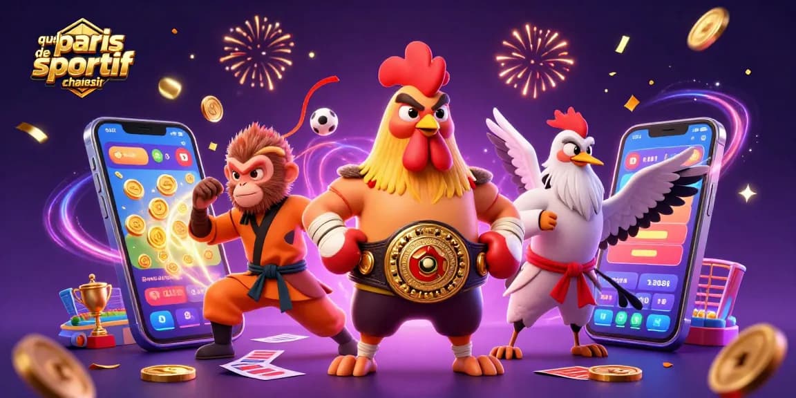 Plongez dans un univers palpitant avec quel site de paris sportif choisir, illustré par un coq de Muay Thai et un singe Shaolin.