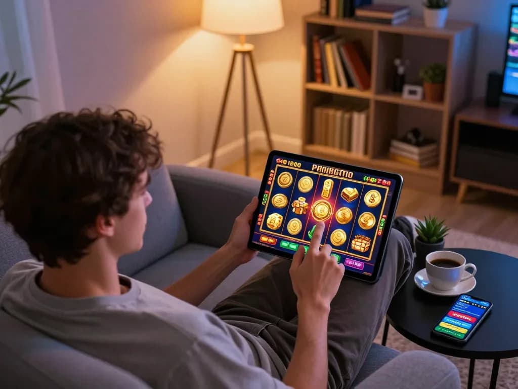 Playing online slot gacor siang ini on a tablet in a cozy modern living room setting with ambient lighting.