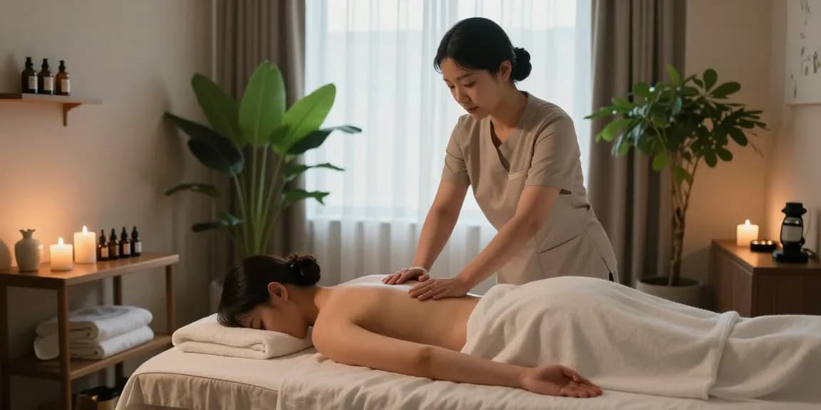 Relaxing 강남출장마사지 scene in a luxurious spa setting with a therapist and calming atmosphere.