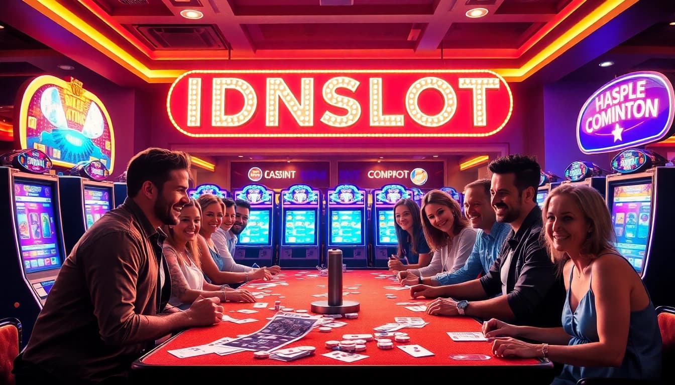 Players enjoying vibrant IDNSLOT games at a colorful casino slot machine area.