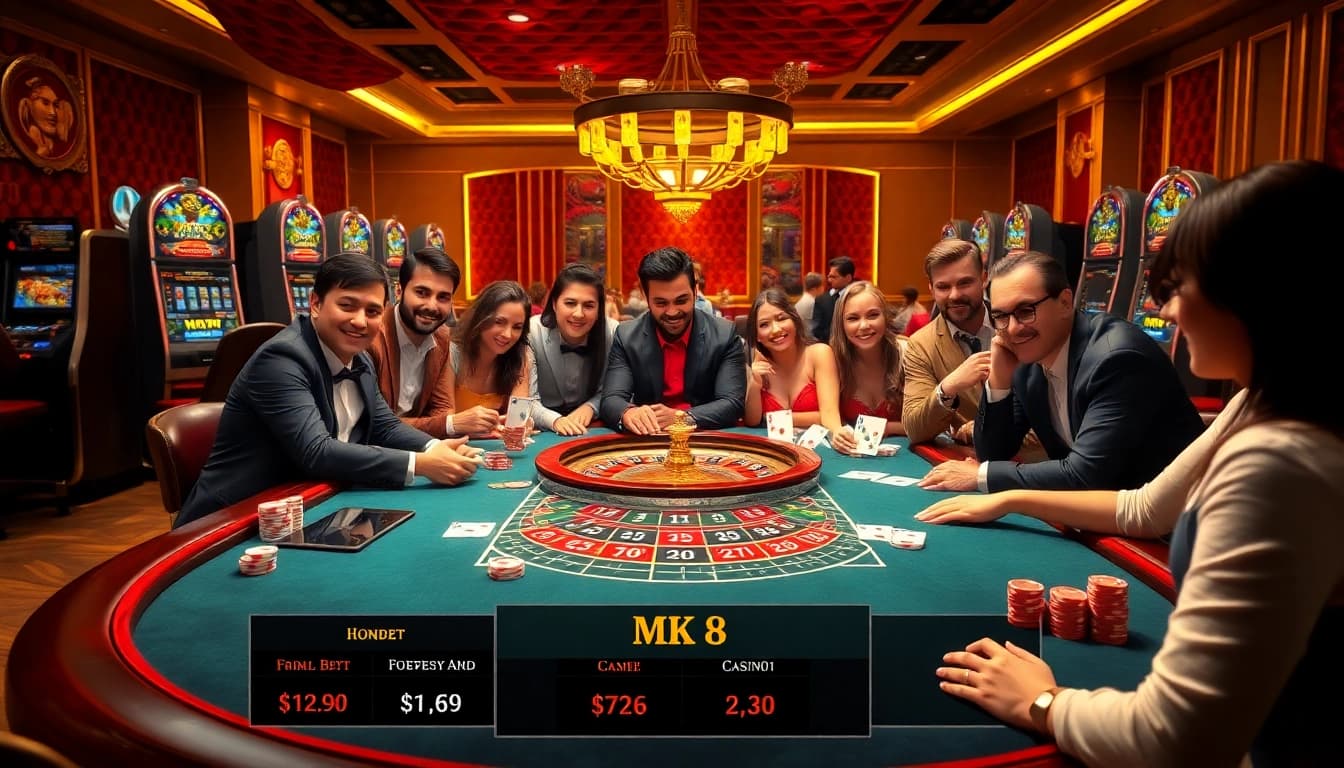 Engage in thrilling MK 8 betting action at an upscale casino table surrounded by vibrant slot machines and excited players.