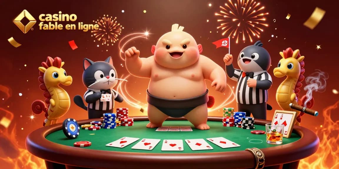 Scène dynamique représentant un fugu en sumo et un catfish arbitre, casino fiable en ligne visible.
