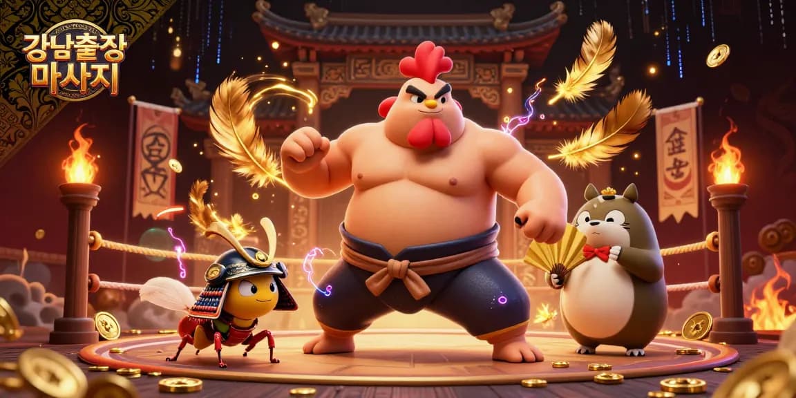 Experience 강남출장마사지 with a vibrant 3D scene featuring a sumo wrestler, a cricket, and a tanuki amidst a stylish gambling arena.