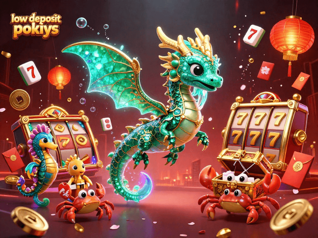 Spin to win with low deposit pokies featuring a majestic sea dragon and vibrant casino elements.