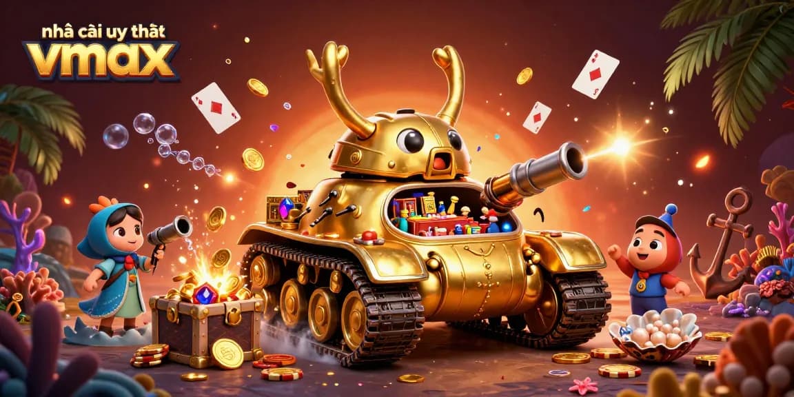 Experience the excitement of nhà cái uy tín Vmax in a vibrant casino scene with gold coins and confetti.