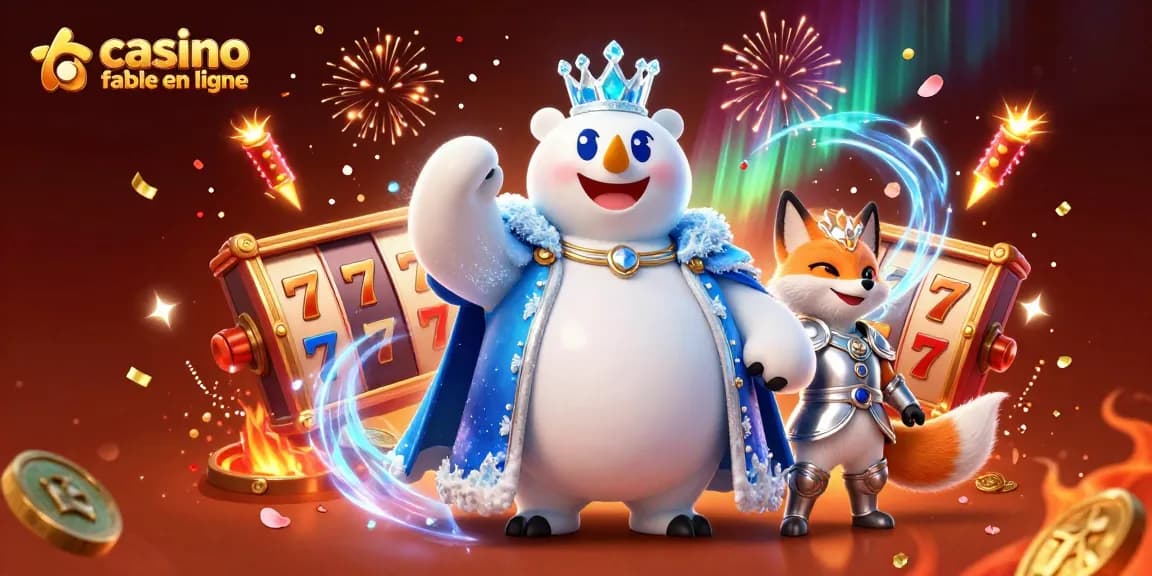 Jouez sur casino fiable en ligne avec le roi des glaces et son compagnon tout en profitant d'une ambiance festive et colorée.