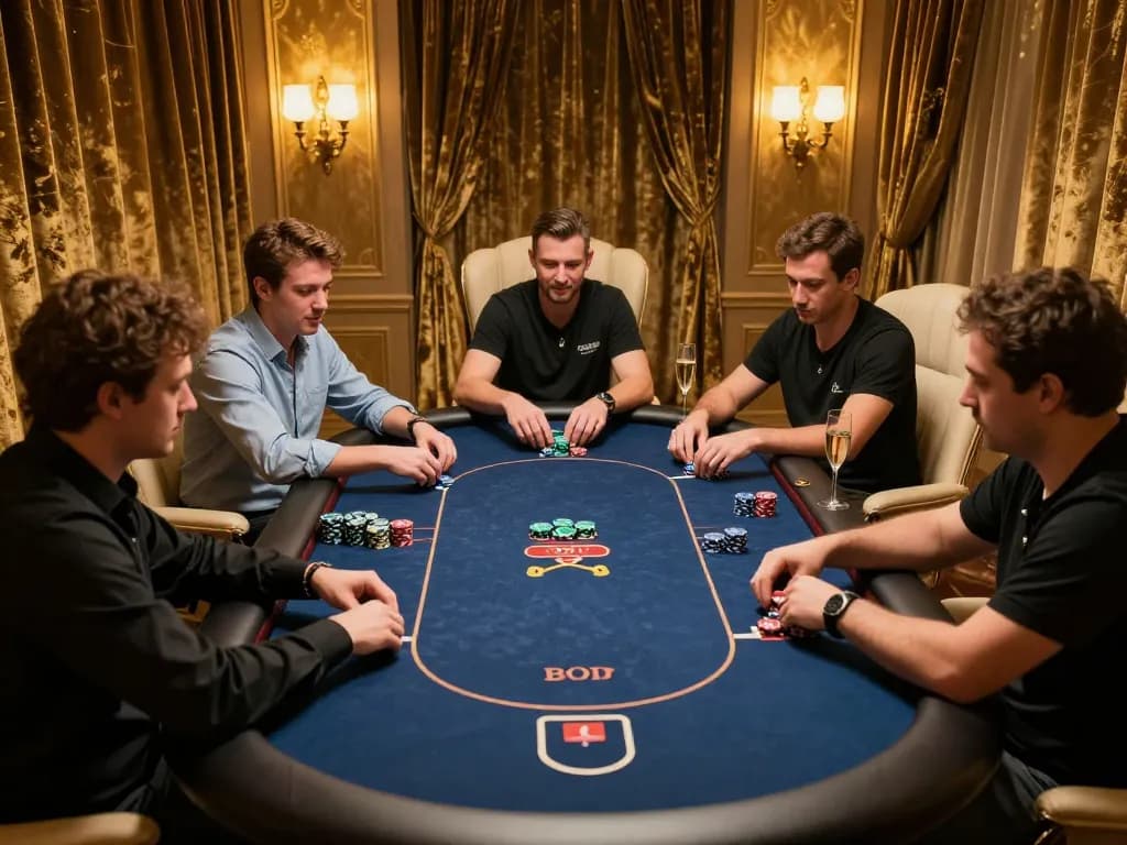 Players strategizing in a luxurious poker room on shbet com with high stakes and fine decor