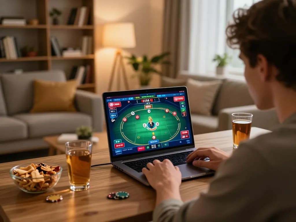 Player engaged in online poker at home using 888top, focused on strategy and gameplay.