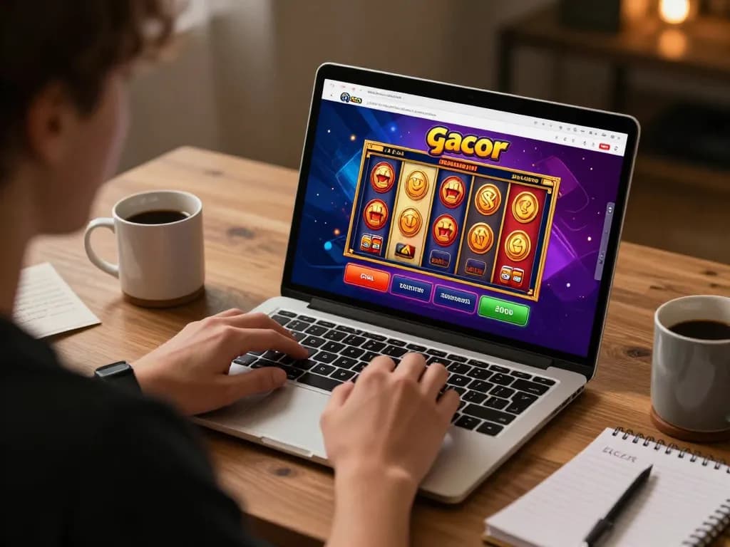 Sesi perjudian online yang menarik dengan antarmuka permainan slot gacor yang cerah ditampilkan di laptop