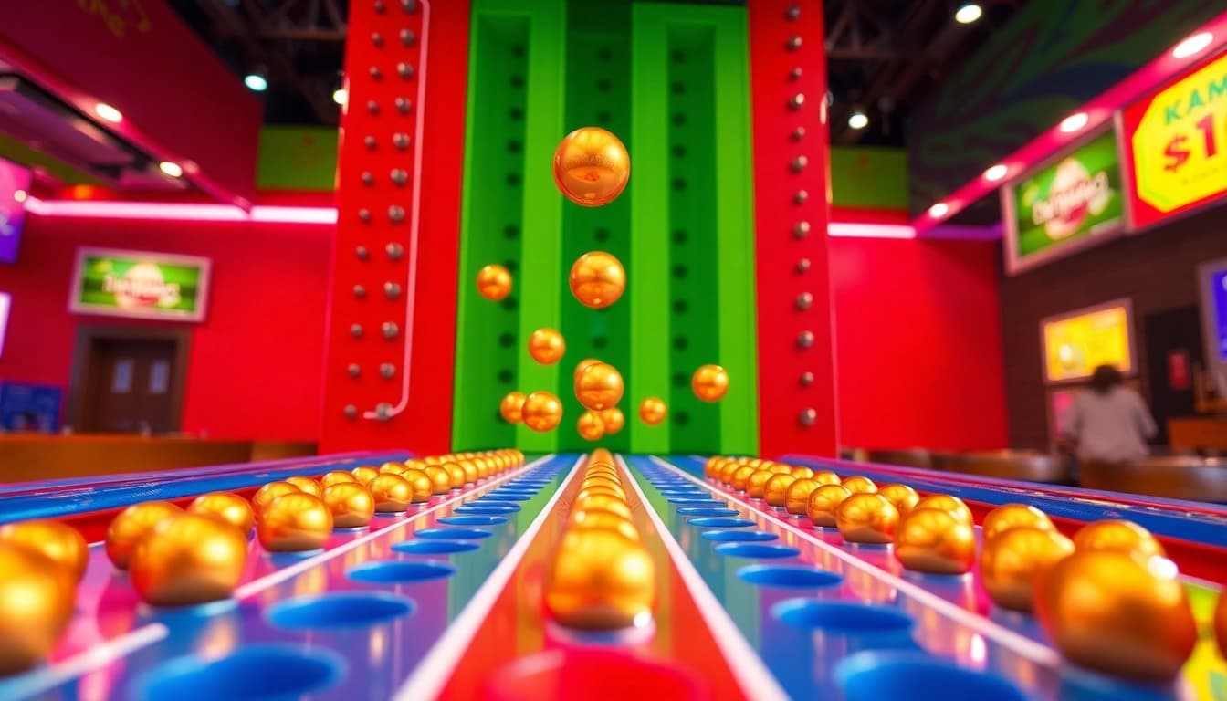 Permainan plinko demo dengan bola emas jatuh melalui pegangan, menggambarkan keseruan permainan.