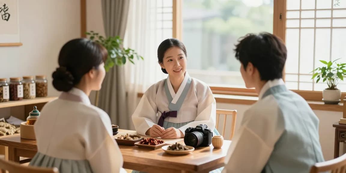 Consultation at 수원한의원 showcasing holistic healing atmosphere with herbal remedies.