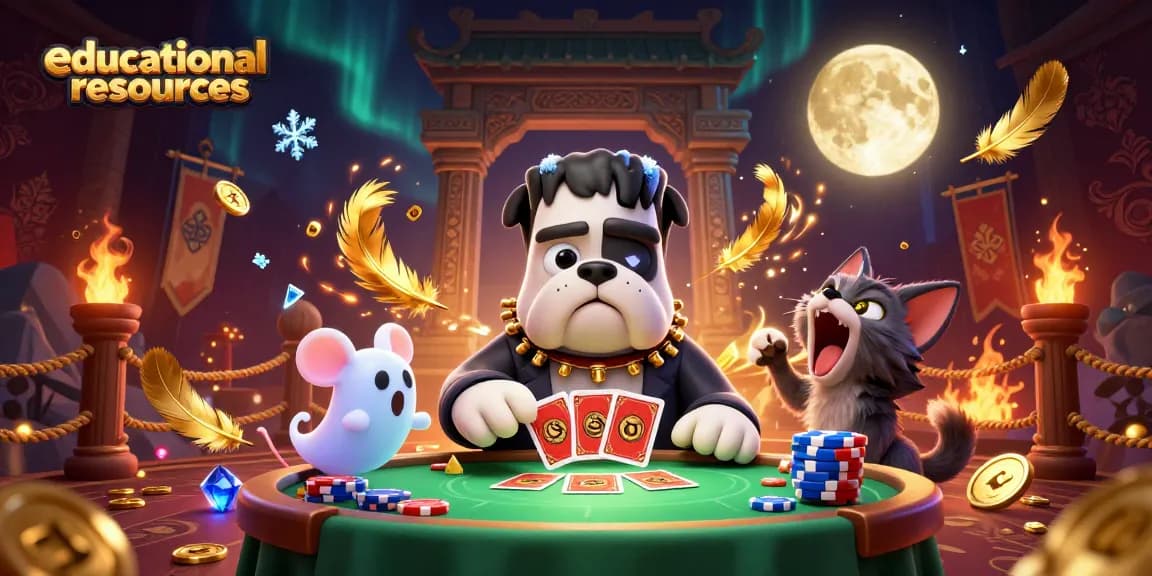 Engage with educational resources in the interactive realm of gambling featuring cartoon characters amidst gaming elements.