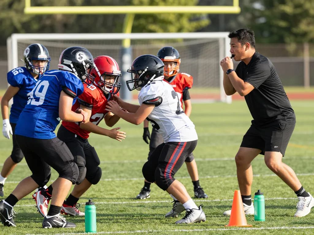 Young athletes wearing shoulder braces for football during practice, focused on drills and teamwork.