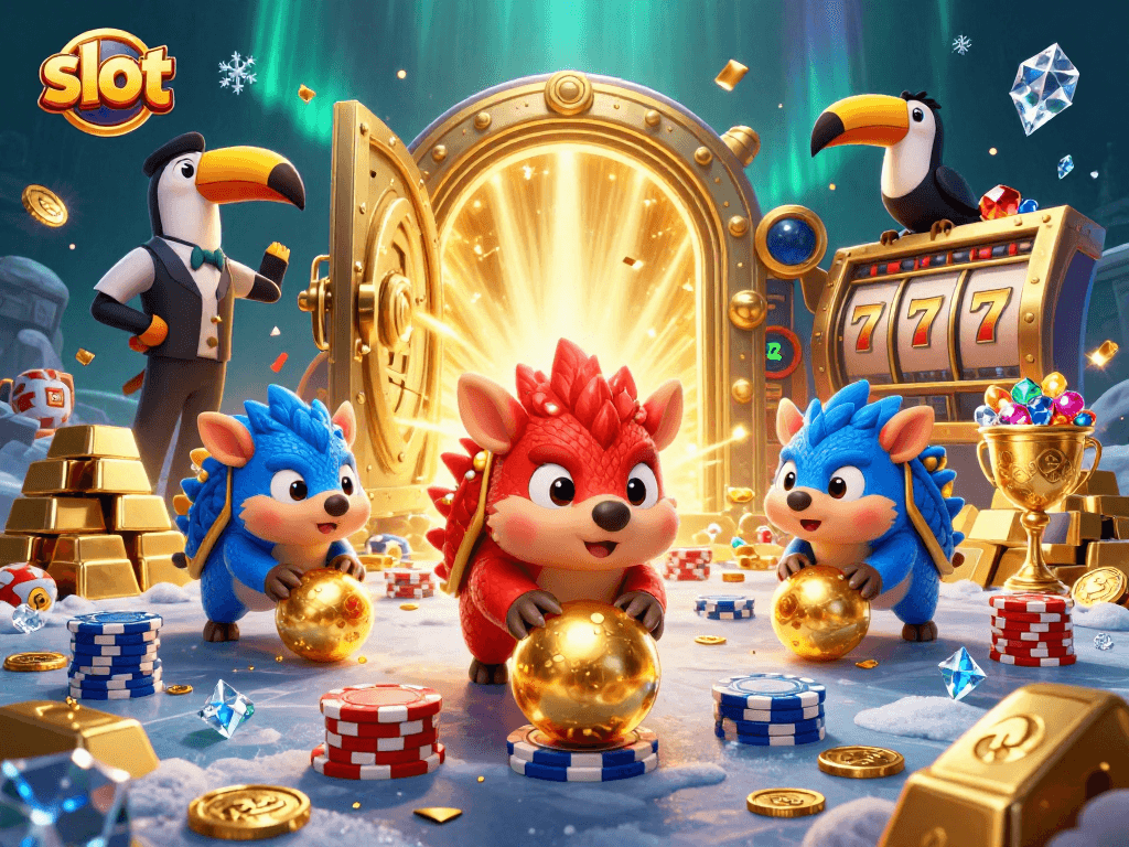 Rival pangolins bersaing dalam slot kasino, menampilkan koin emas dan simbol keberuntungan.