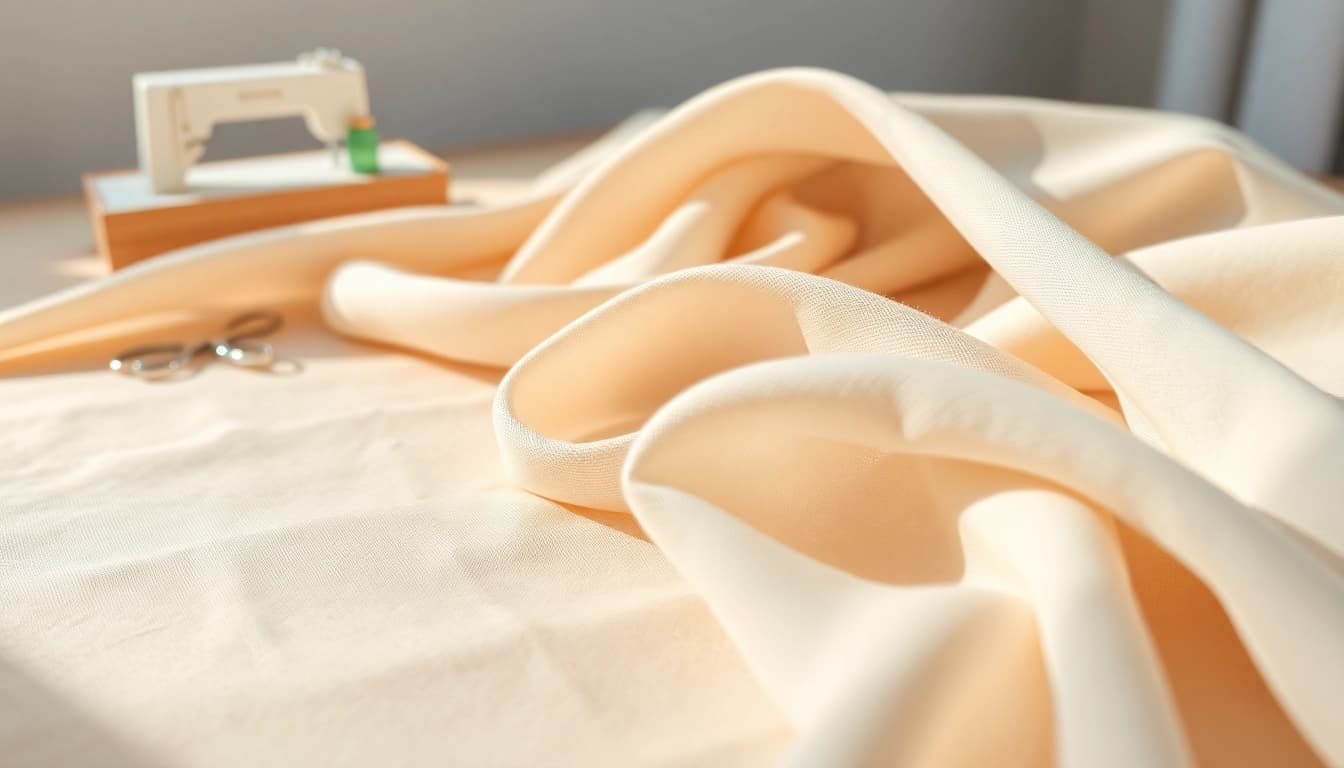 Mousseline stof mooi draped over een houten tafel met zacht licht en creatieve props.