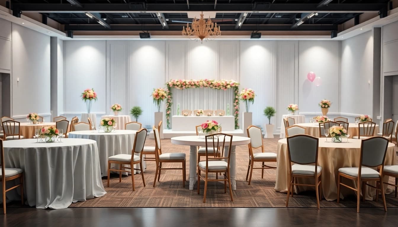 Showcasing Table & Chair Rentals arranged elegantly in a beautifully decorated venue for events.