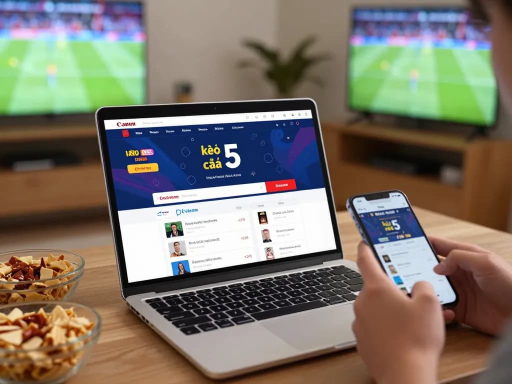 Placing bets on kèo nhà cái 5 on a laptop while watching a live sports event.