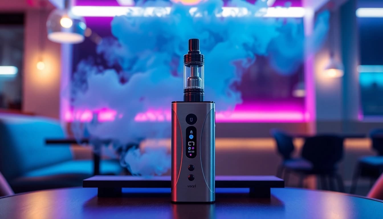 Vozol Vape-Gerät auf einem eleganten Tisch mit lebhaften Dampfwolken im Hintergrund.