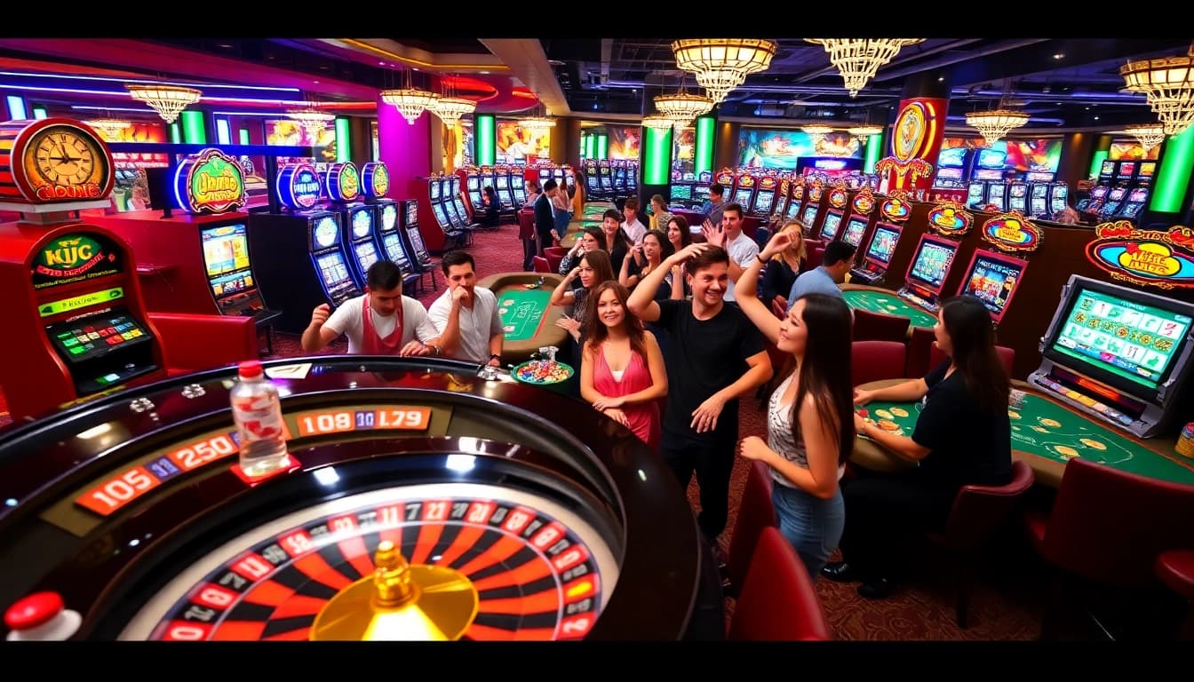 KJC AC casino scene with players at roulette and blackjack, vibrant atmosphere.