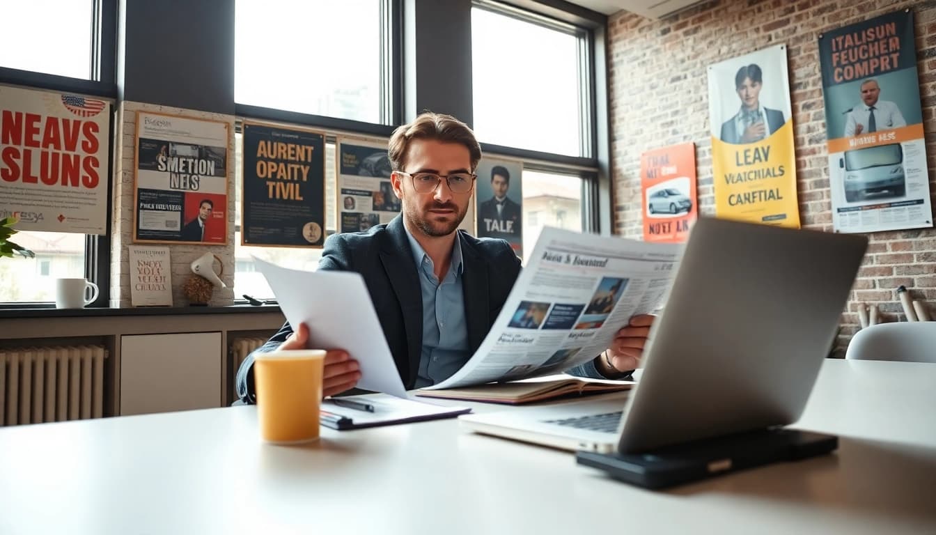 Engaging news columnist analyzing news articles at a modern workspace.