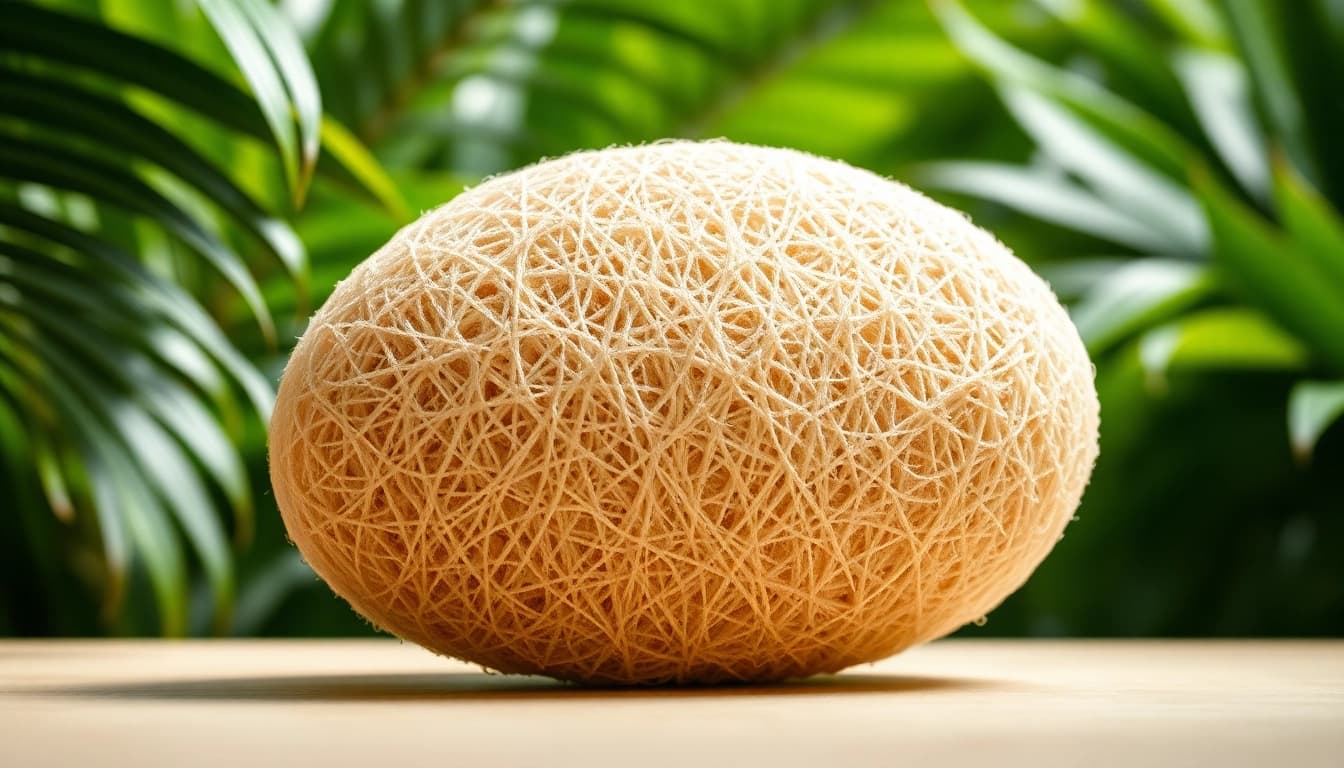 Experience the natural texture and benefits of the raw loofah sponge featured in a lush setting.