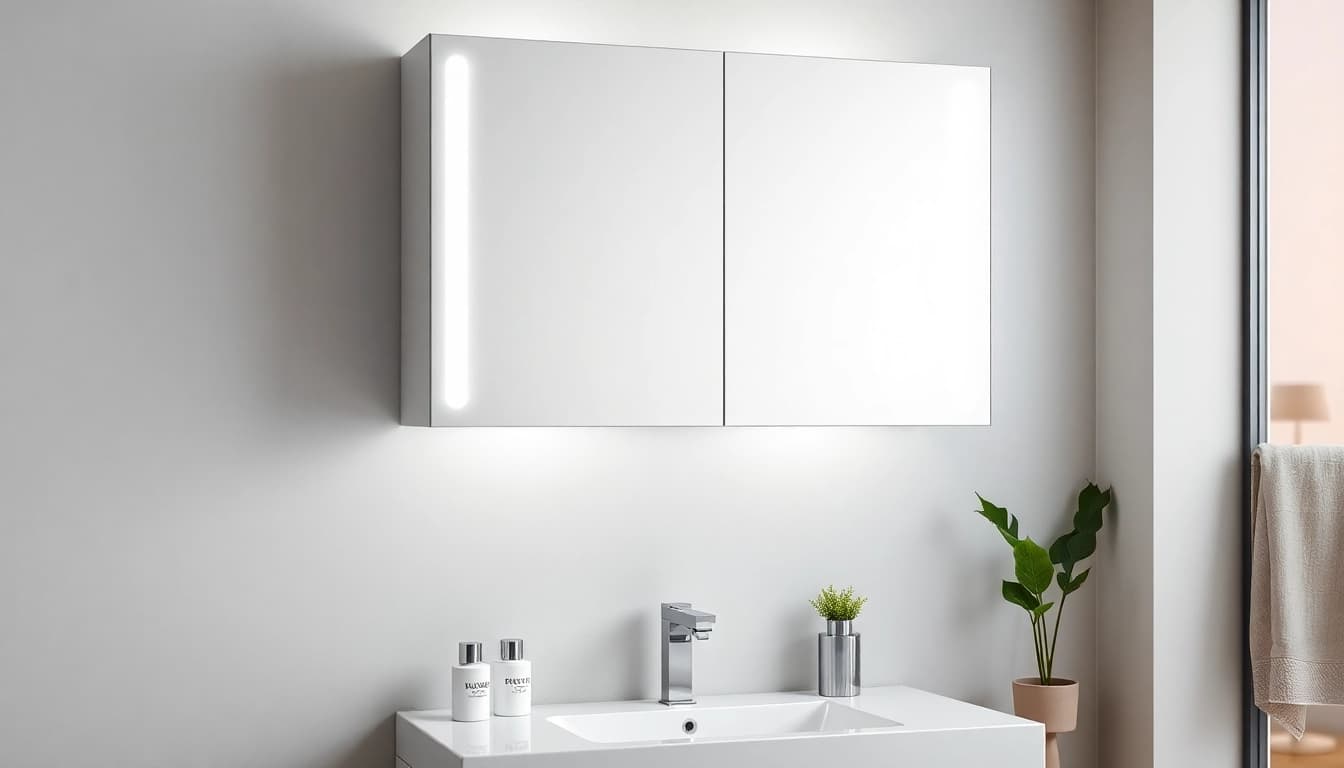 Präsentation von sonni Spiegelschrank mit eleganter Beleuchtung im modernen Badezimmer.