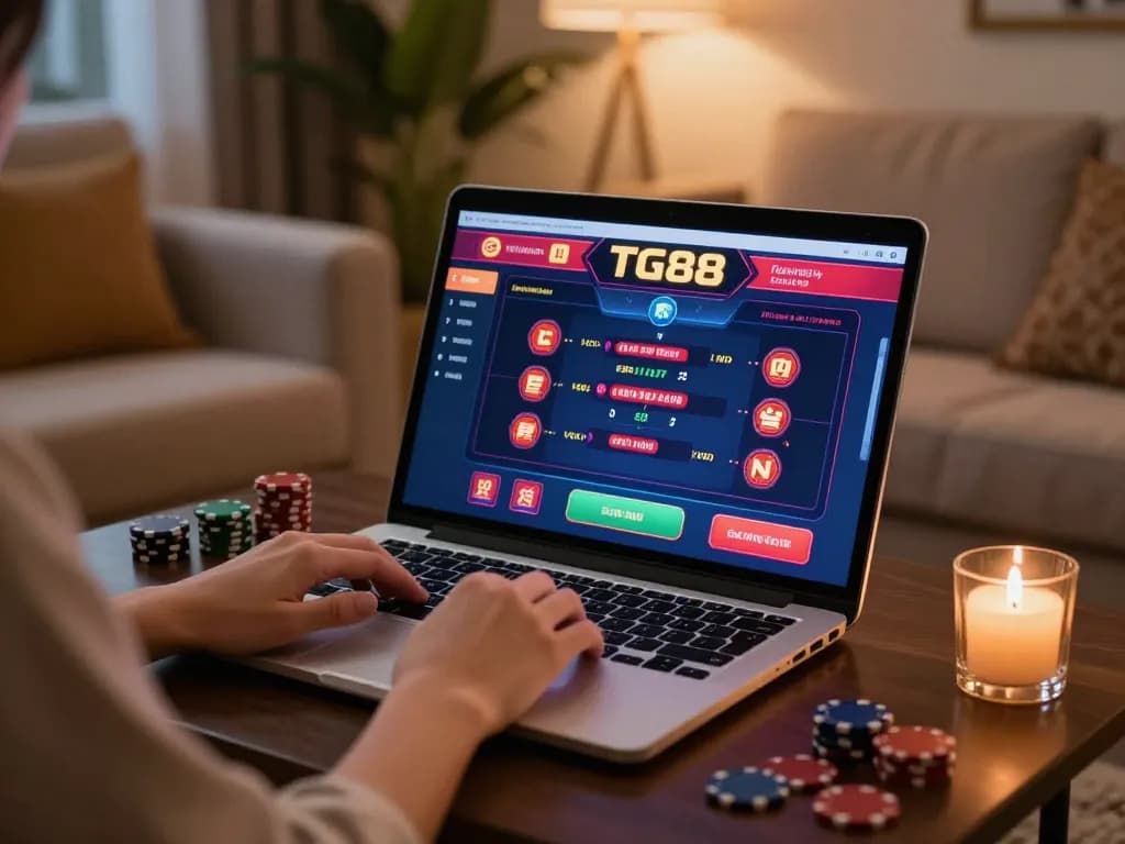 Engaging in strategic online gameplay at TG88-link casino platform from a cozy home setup.