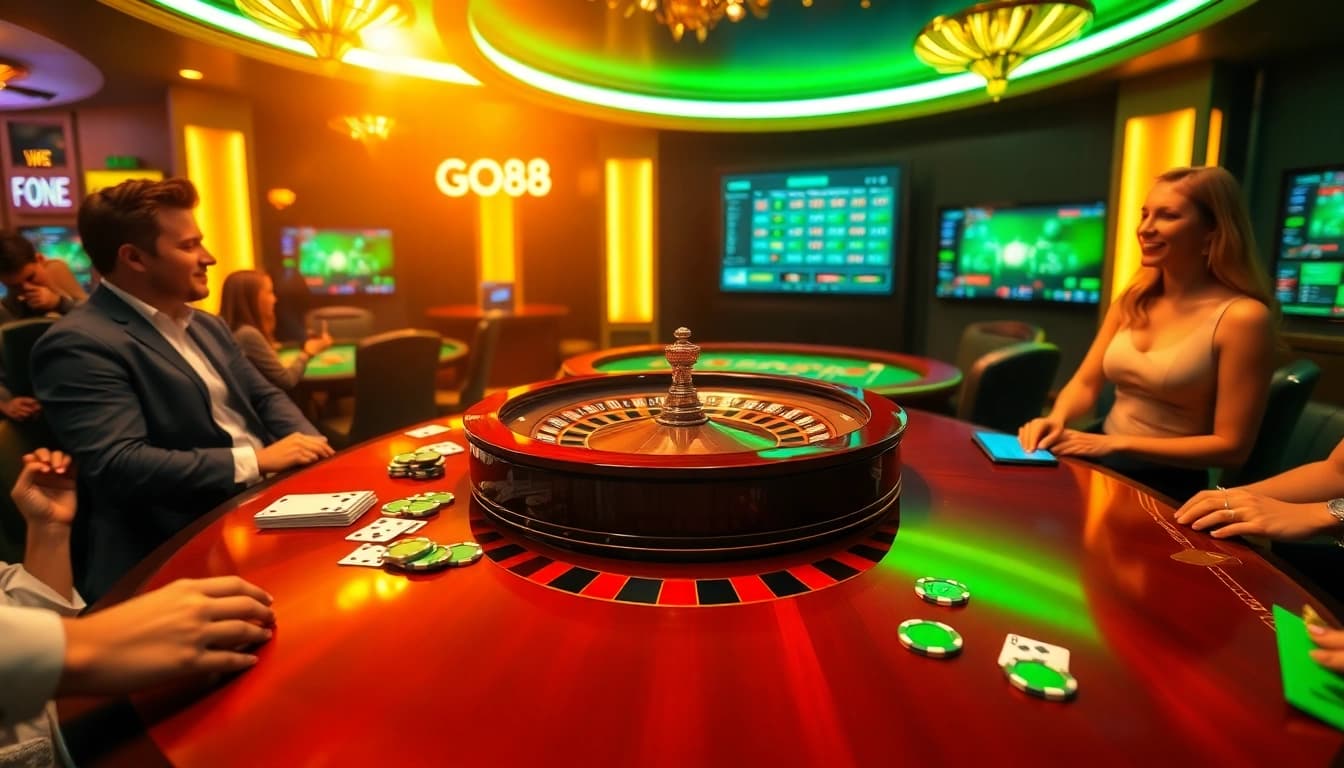 Players enjoy a thrilling gaming experience at GO88 casino tables with poker chips and cards.